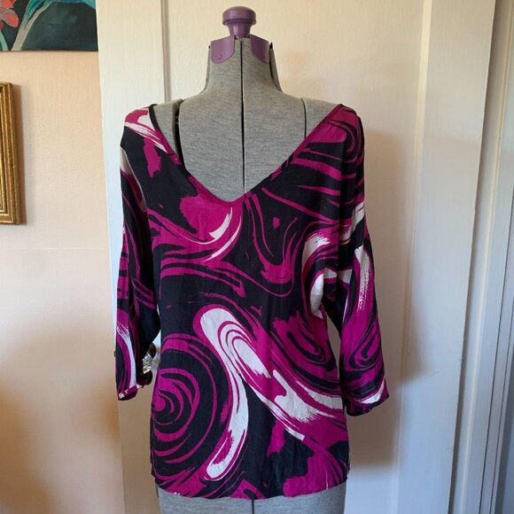 VTG Bold Abstract Silk Top Sz M Swirly Psychedelic Magenta Black Retro 70s Style - Picture 3 of 7